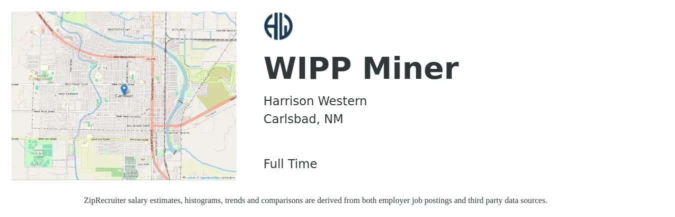 Harrison Western job posting for a WIPP Miner in Carlsbad, NM with a salary of $18 to $24 Hourly with a map of Carlsbad location.