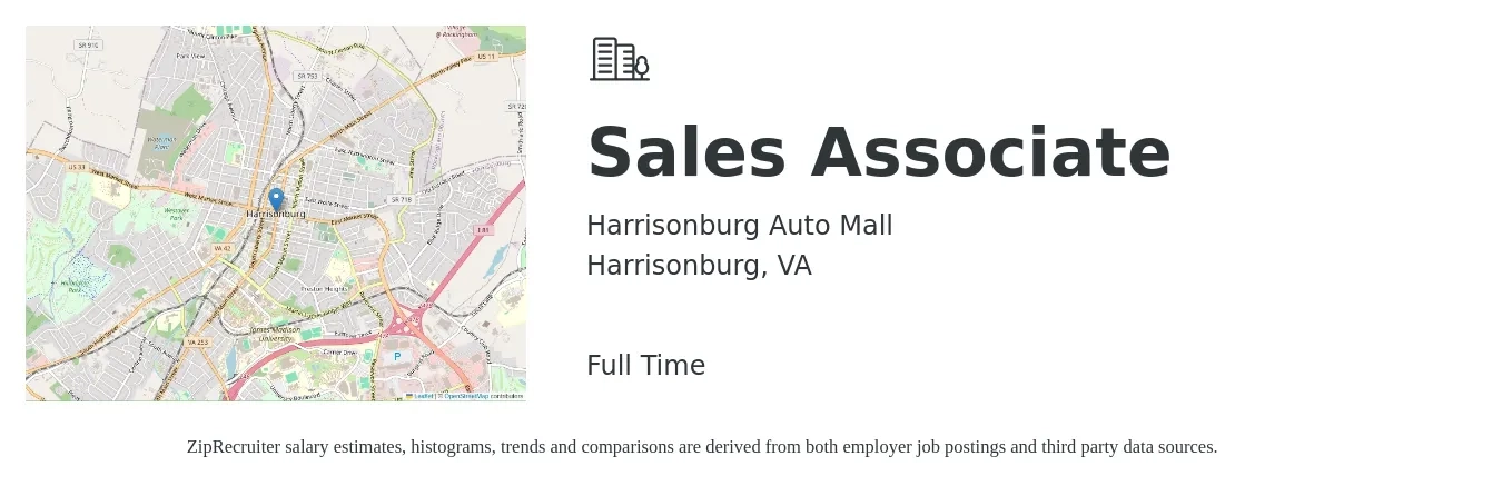 Harrisonburg Auto Mall job posting for a Sales Associate in Harrisonburg, VA with a salary of $13 to $18 Hourly with a map of Harrisonburg location.