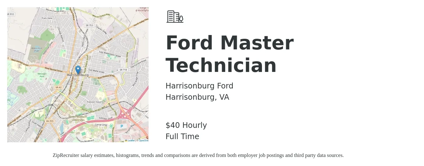 Harrisonburg Ford job posting for a Ford Master Technician in Harrisonburg, VA with a salary of $42 Hourly with a map of Harrisonburg location.