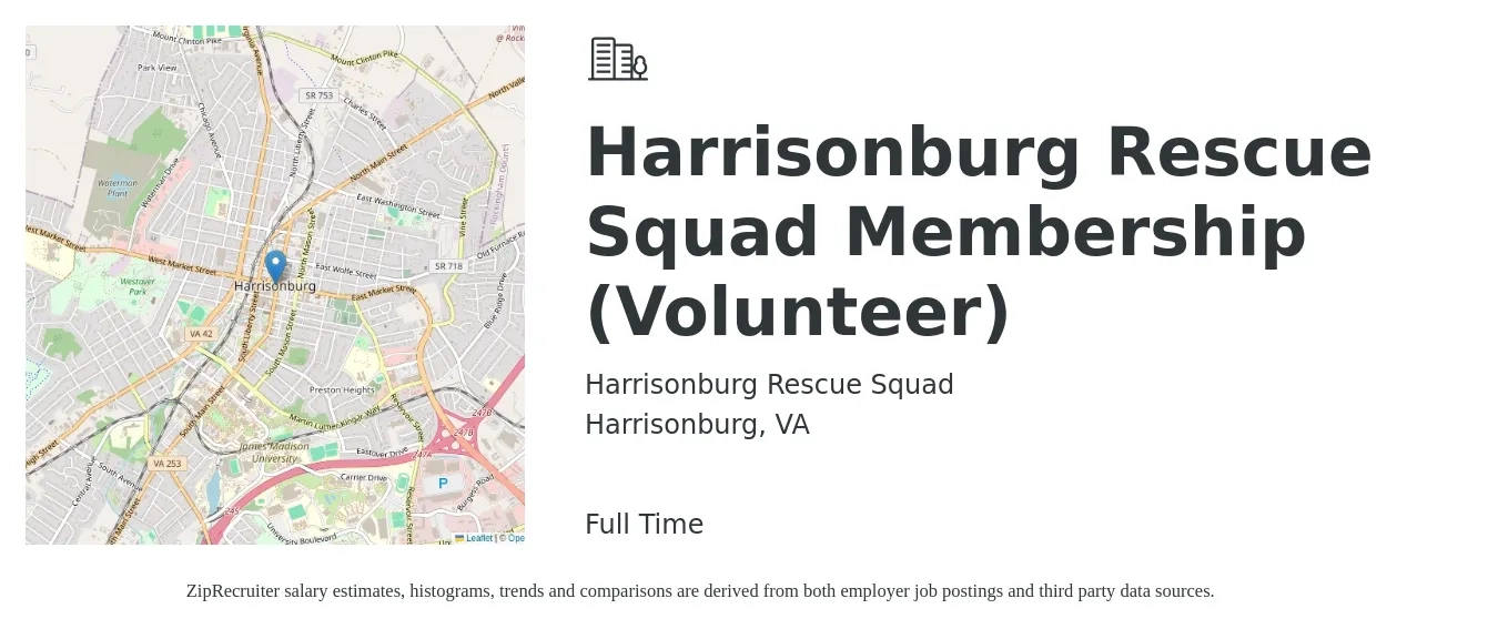 Harrisonburg Rescue Squad job posting for a Harrisonburg Rescue Squad Membership (Volunteer) in Harrisonburg, VA with a salary of $16 to $21 Hourly with a map of Harrisonburg location.