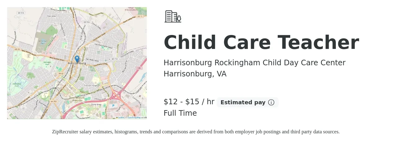 Harrisonburg Rockingham Child Day Care Center job posting for a Child Care Teacher in Harrisonburg, VA with a salary of $13 to $16 Hourly with a map of Harrisonburg location.