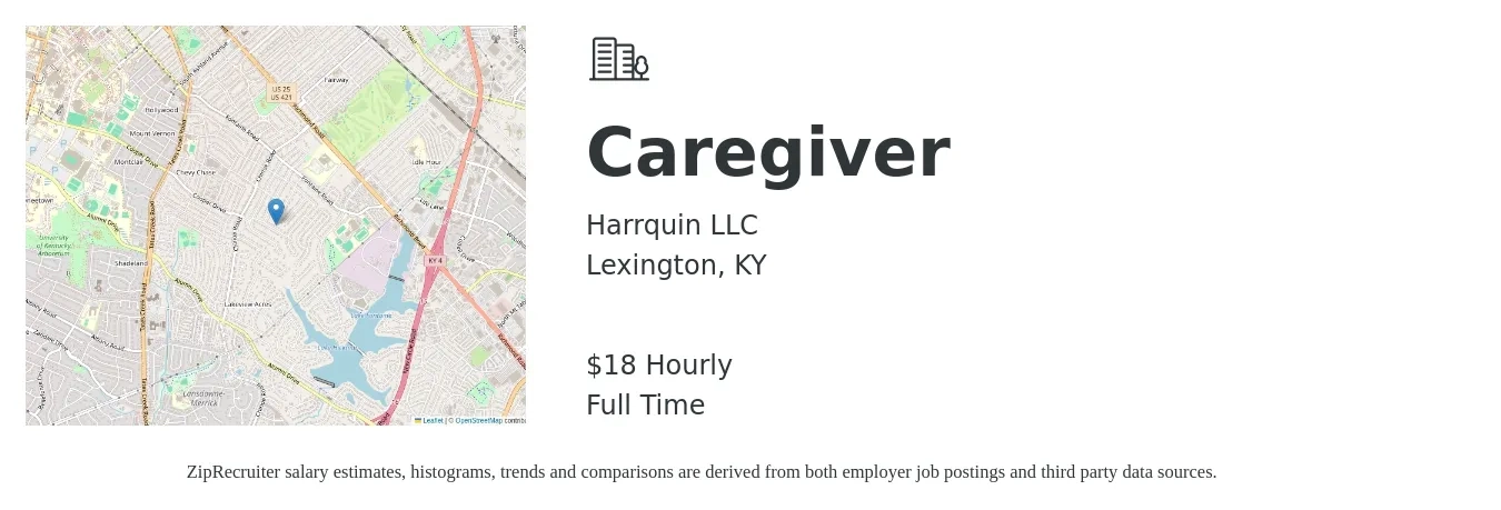 Harrquin LLC job posting for a Caregiver in Lexington, KY with a salary of $19 Hourly with a map of Lexington location.