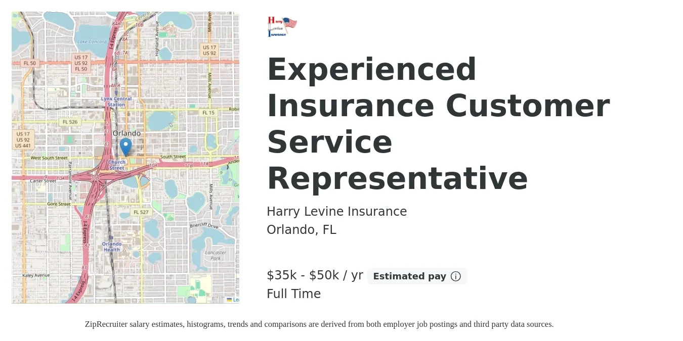Harry Levine Insurance job posting for a Experienced Insurance Customer Service Representative in Orlando, FL with a salary of $35,000 to $50,000 Yearly with a map of Orlando location.