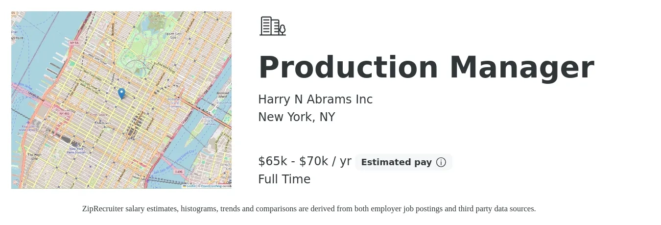 Harry N Abrams Inc job posting for a Production Manager in New York, NY with a salary of $65,000 to $70,000 Yearly with a map of New York location.