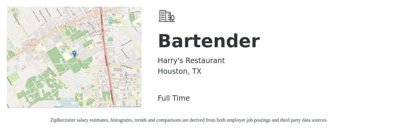 Harry's Restaurant job posting for a Bartender in Houston, TX with a salary of $10 to $18 Hourly with a map of Houston location.