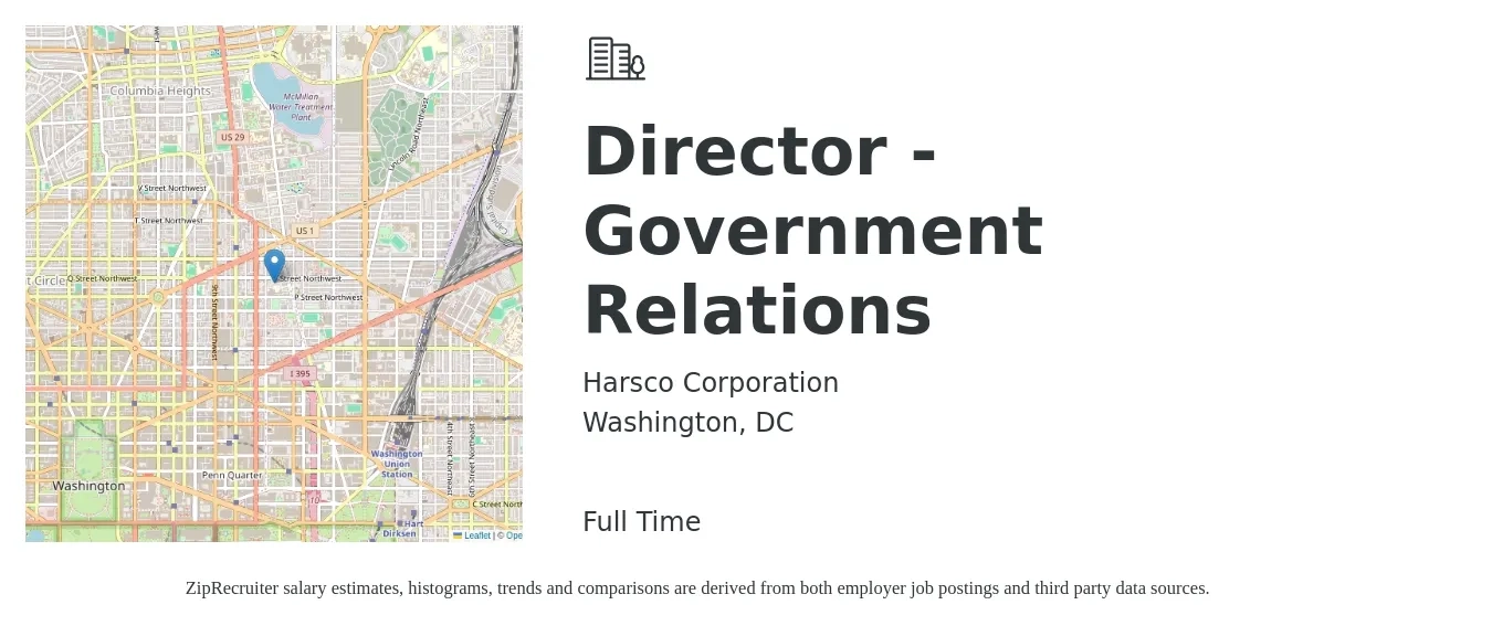 Harsco Corporation job posting for a Director - Government Relations in Washington, DC with a salary of $108,900 to $151,200 Yearly with a map of Washington location.