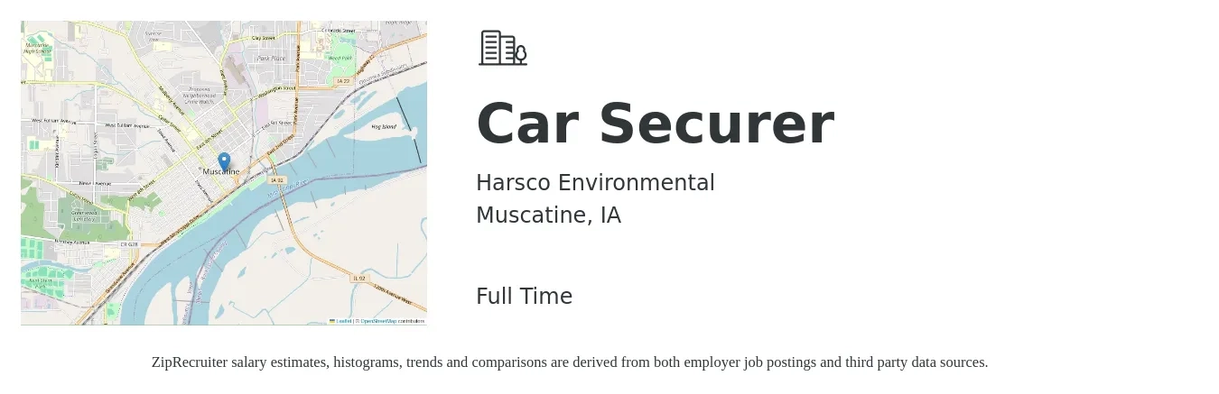 Harsco Environmental job posting for a Car Securer in Muscatine, IA with a salary of $17 to $19 Hourly with a map of Muscatine location.