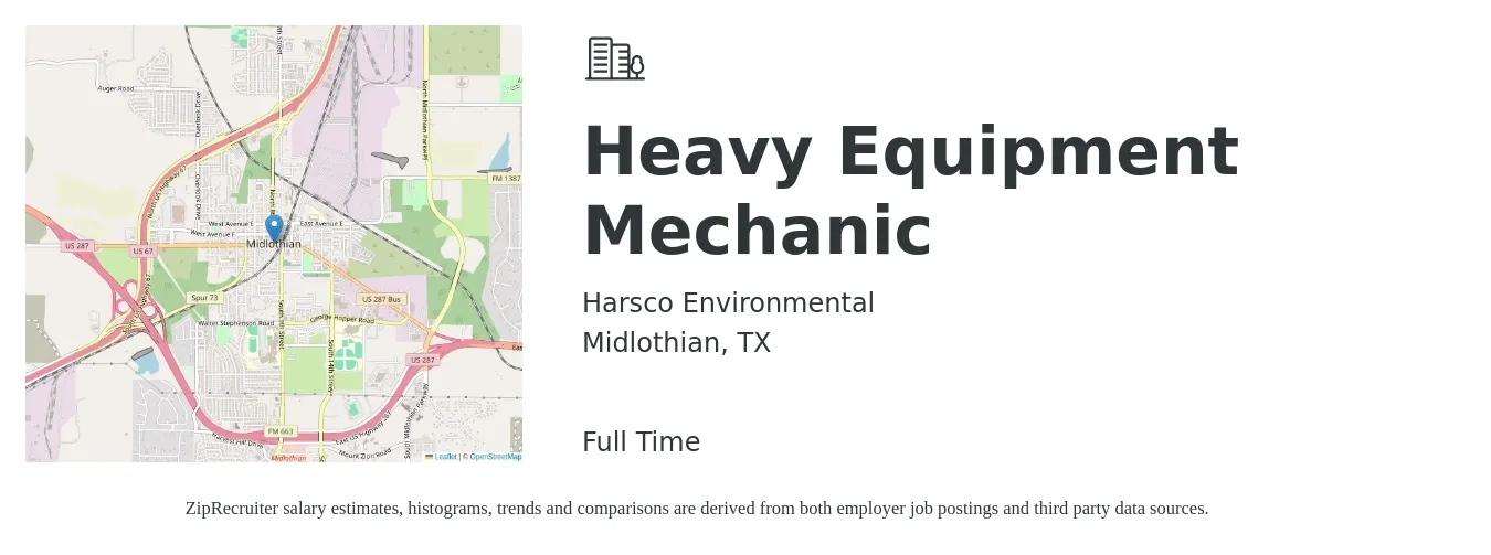 Harsco Environmental job posting for a Heavy Equipment Mechanic in Midlothian, TX with a salary of $38 Hourly with a map of Midlothian location.