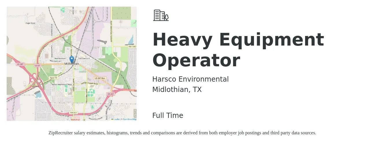 Harsco Environmental job posting for a Heavy Equipment Operator in Midlothian, TX with a salary of $19 to $26 Hourly with a map of Midlothian location.