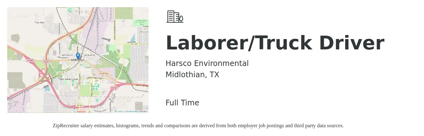 Harsco Environmental job posting for a Laborer/Truck Driver in Midlothian, TX with a salary of $16 to $19 Hourly with a map of Midlothian location.