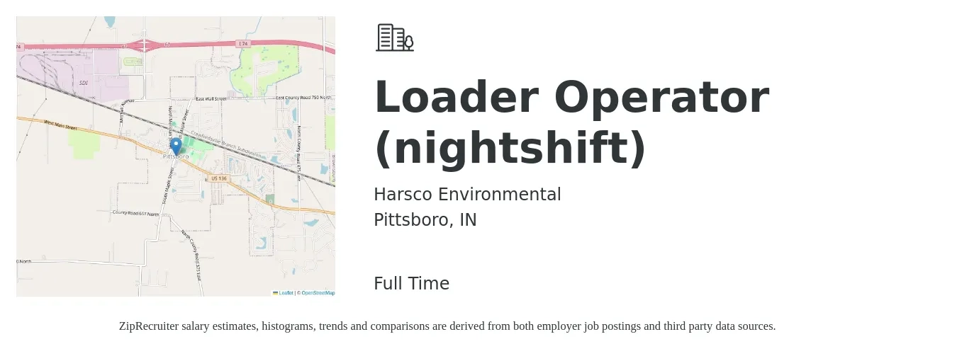 Harsco Environmental job posting for a Loader Operator (nightshift) in Pittsboro, IN with a salary of $19 to $27 Hourly with a map of Pittsboro location.