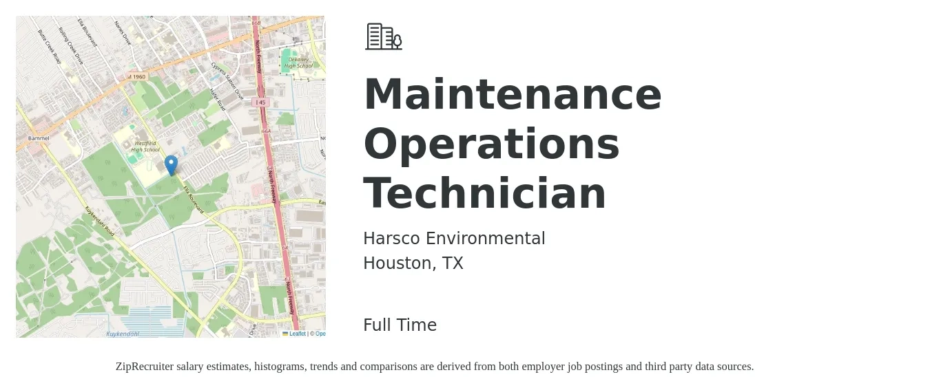 Harsco Environmental job posting for a Maintenance Operations Technician in Houston, TX with a salary of $17 to $27 Hourly with a map of Houston location.