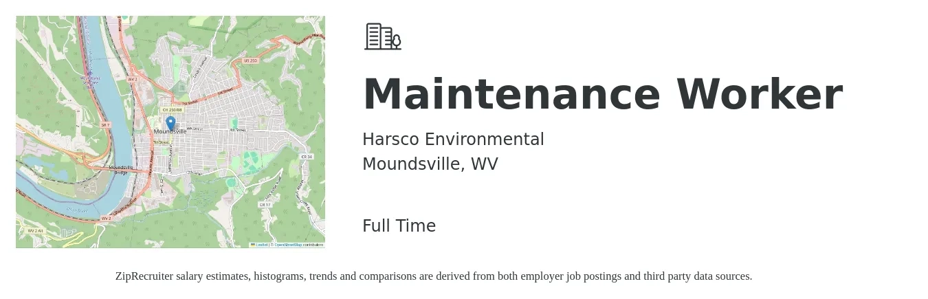 Harsco Environmental job posting for a Maintenance Worker in Moundsville, WV with a salary of $15 to $21 Hourly with a map of Moundsville location.
