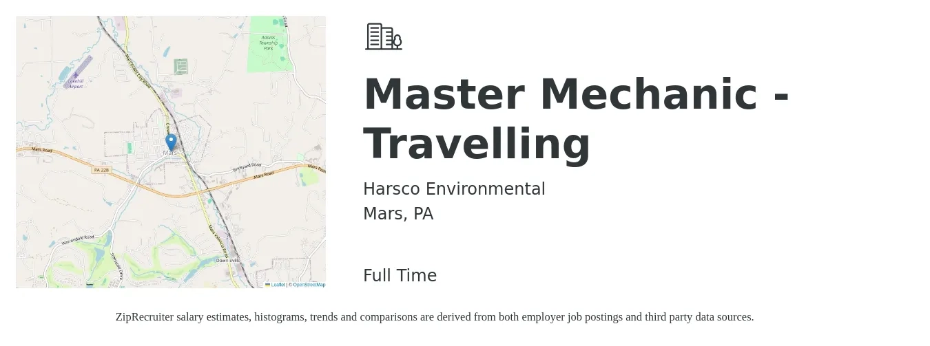 Harsco Environmental job posting for a Master Mechanic - Travelling in Mars, PA with a salary of $82,000 Yearly with a map of Mars location.