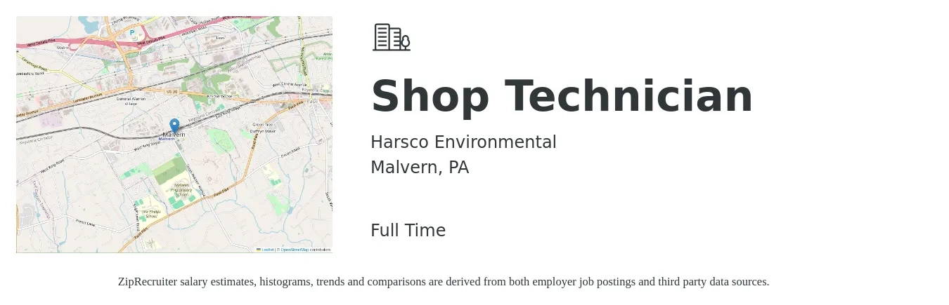 Harsco Environmental job posting for a Shop Technician in Malvern, PA with a salary of $17 to $24 Hourly with a map of Malvern location.