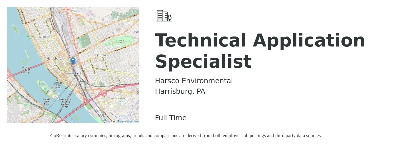 Harsco Environmental job posting for a Technical Application Specialist in Harrisburg, PA with a salary of $17 to $18 Hourly with a map of Harrisburg location.