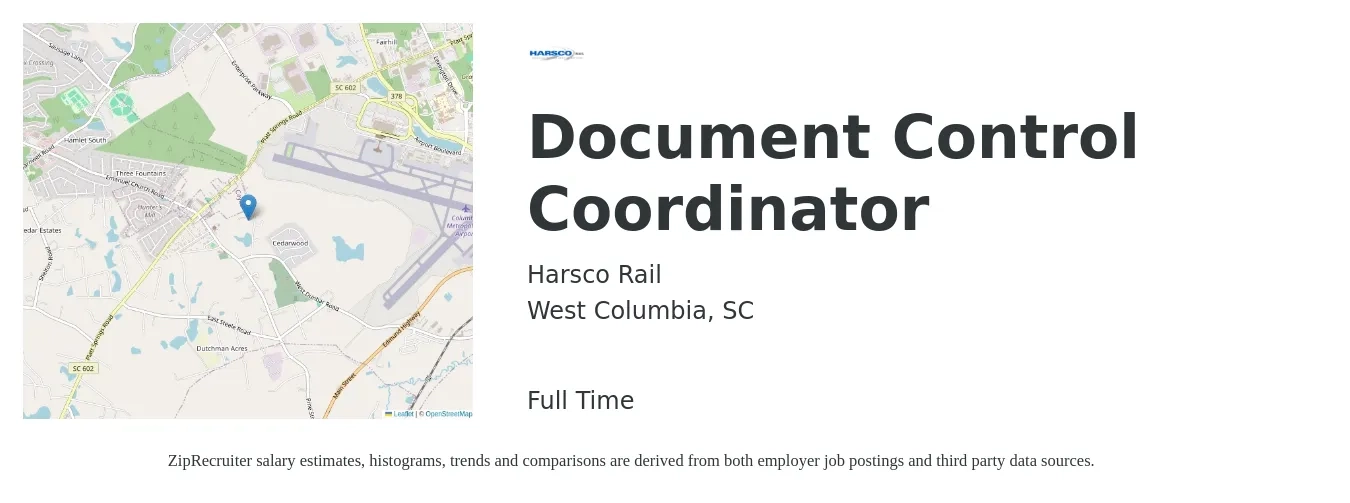 Harsco Rail job posting for a Document Control Coordinator in West Columbia, SC with a salary of $16 to $22 Hourly with a map of West Columbia location.