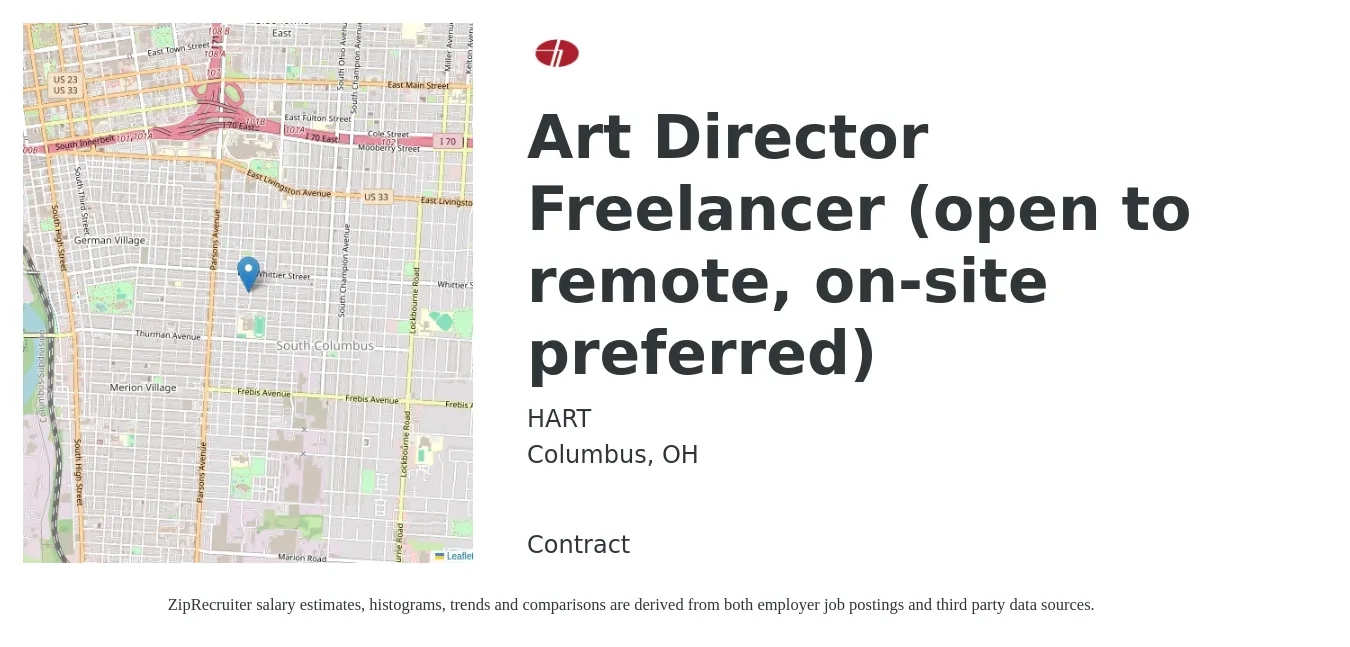 HART job posting for a Art Director Freelancer (open to remote, on-site preferred) in Columbus, OH with a salary of $116,900 to $122,700 Yearly with a map of Columbus location.
