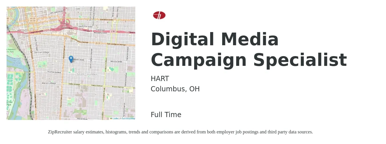 HART job posting for a Digital Media Campaign Specialist in Columbus, OH with a salary of $40 to $46 Hourly with a map of Columbus location.