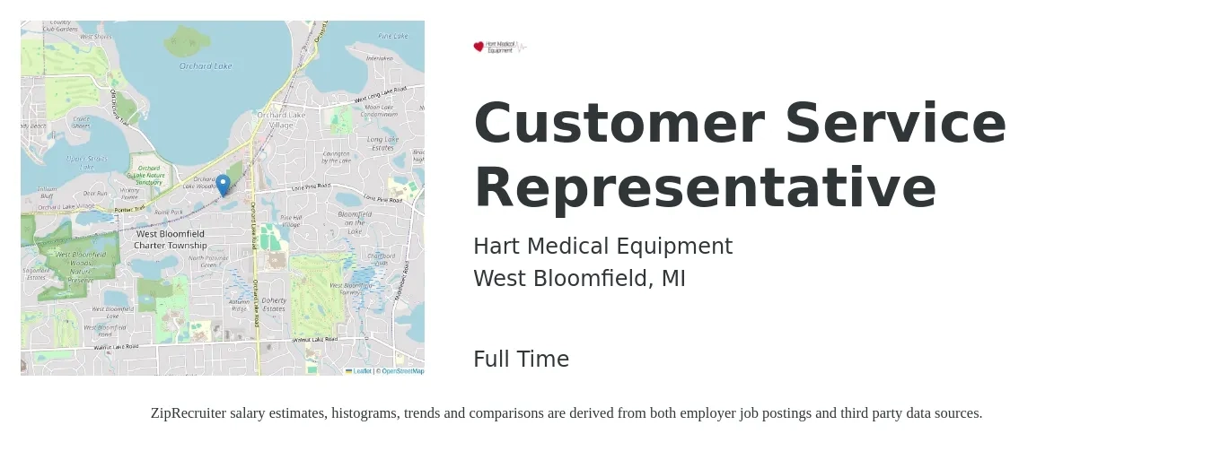 Hart Medical Equipment job posting for a Customer Service Representative in West Bloomfield, MI with a salary of $15 to $20 Hourly with a map of West Bloomfield location.