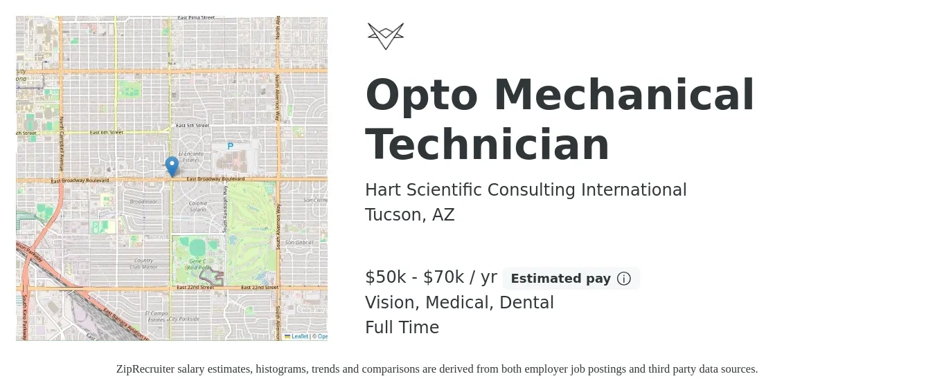 Hart Scientific Consulting International job posting for a Opto Mechanical Technician in Tucson, AZ with a salary of $50,000 to $70,000 Yearly and benefits including medical, pto, retirement, vision, and dental with a map of Tucson location.