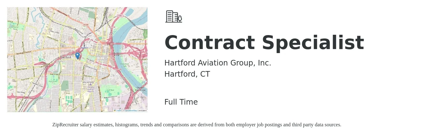 Hartford Aviation Group, Inc. job posting for a Contract Specialist in Hartford, CT with a salary of $57,500 to $99,400 Yearly with a map of Hartford location.
