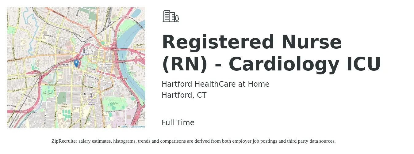 Hartford HealthCare at Home job posting for a Registered Nurse (RN) - Cardiology ICU in Hartford, CT with a salary of $2,060 to $2,900 Weekly with a map of Hartford location.