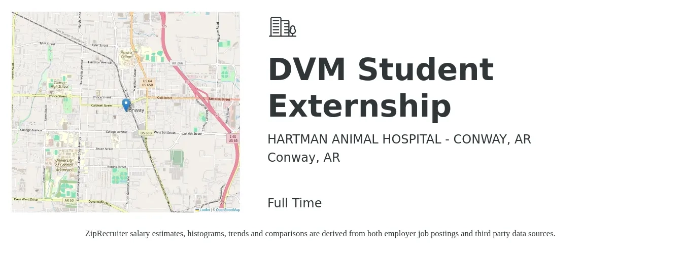 HARTMAN ANIMAL HOSPITAL - CONWAY, AR job posting for a DVM Student Externship in Conway, AR with a salary of $89,100 to $173,500 Yearly with a map of Conway location.