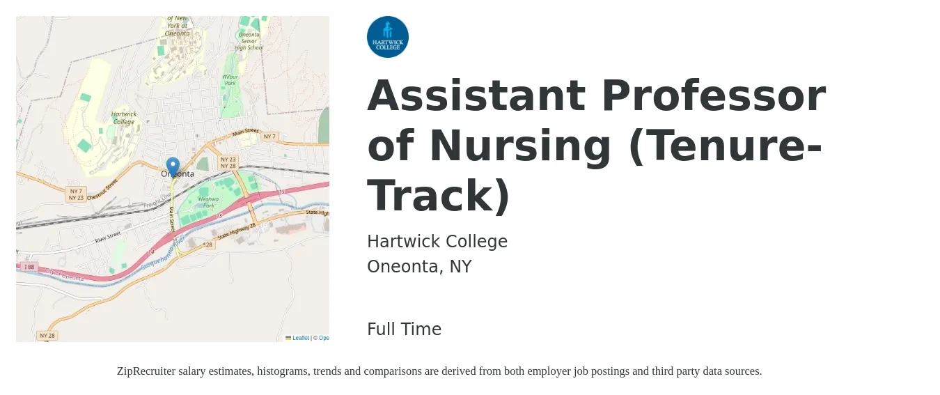 Hartwick College job posting for a Assistant Professor of Nursing (Tenure-Track) in Oneonta, NY with a salary of $69,000 to $73,000 Yearly with a map of Oneonta location.