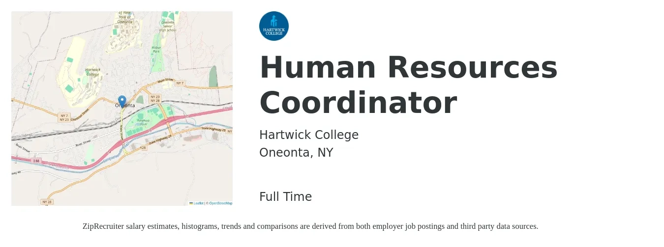 Hartwick College job posting for a Human Resources Coordinator in Oneonta, NY with a salary of $22 to $29 Hourly with a map of Oneonta location.