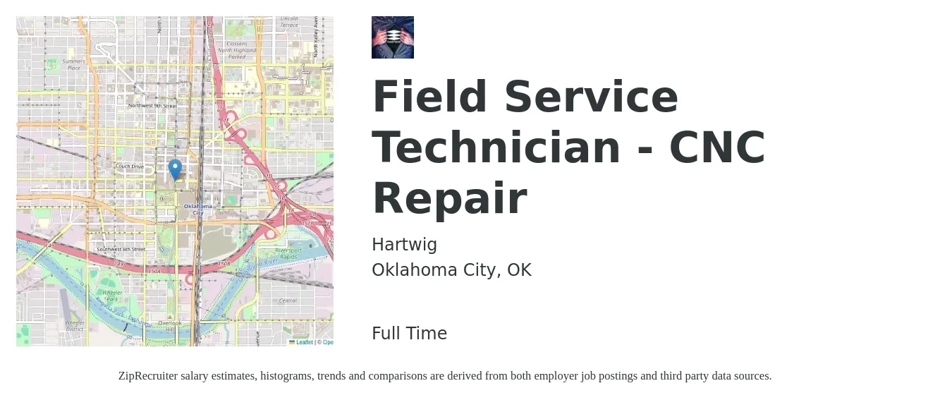 Hartwig job posting for a Field Service Technician - CNC Repair in Oklahoma City, OK with a salary of $18 to $28 Hourly with a map of Oklahoma City location.