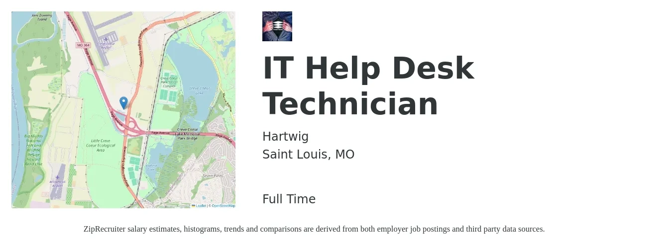 Hartwig job posting for a IT Help Desk Technician in Saint Louis, MO with a salary of $18 to $26 Hourly with a map of Saint Louis location.
