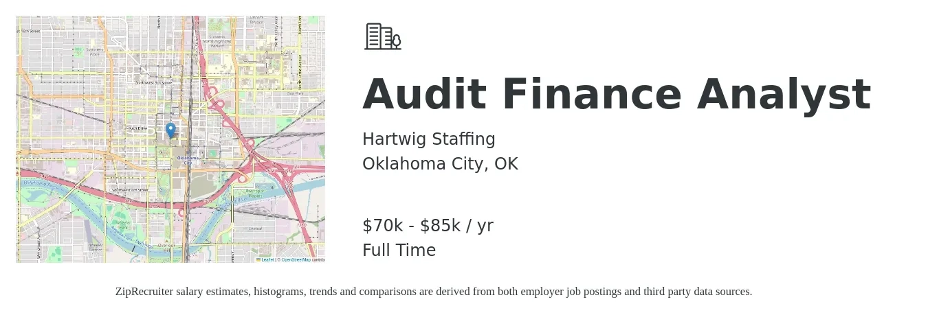Hartwig Staffing job posting for a Audit Finance Analyst in Oklahoma City, OK with a salary of $70,000 to $85,000 Yearly with a map of Oklahoma City location.