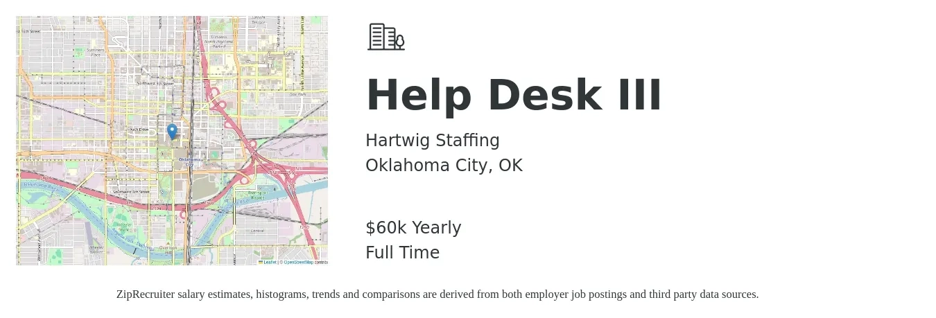 Hartwig Staffing job posting for a Help Desk III in Oklahoma City, OK with a salary of $60,000 Yearly with a map of Oklahoma City location.