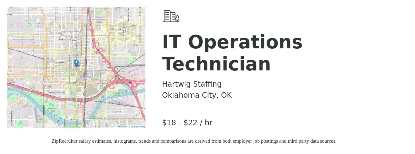 Hartwig Staffing job posting for a IT Operations Technician in Oklahoma City, OK with a salary of $19 to $23 Hourly with a map of Oklahoma City location.