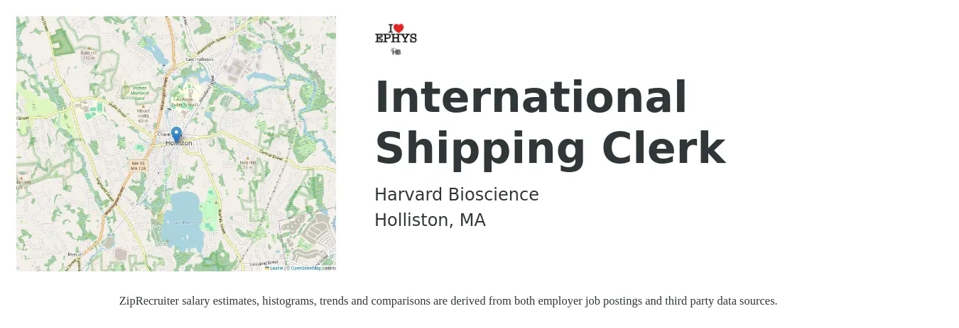 Harvard Bioscience job posting for a International Shipping Clerk in Holliston, MA with a salary of $22 to $26 Hourly with a map of Holliston location.