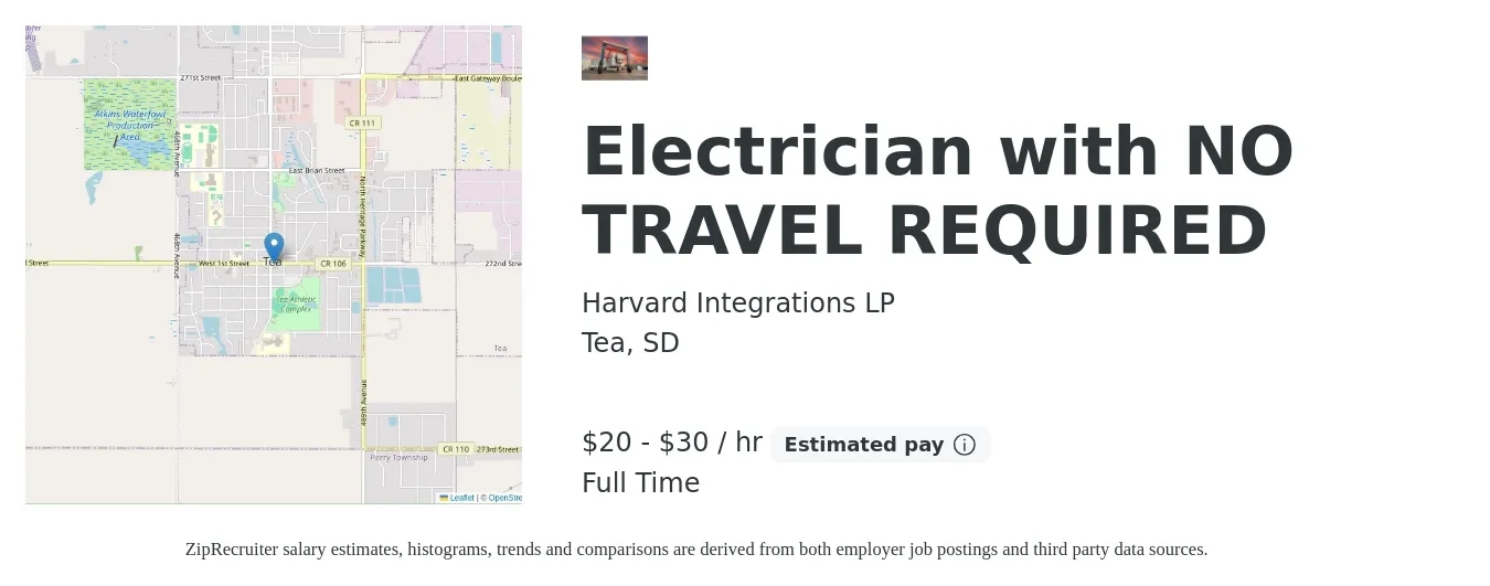 Harvard Integrations LP job posting for a Electrician with NO TRAVEL REQUIRED in Tea, SD with a salary of $21 to $32 Hourly with a map of Tea location.