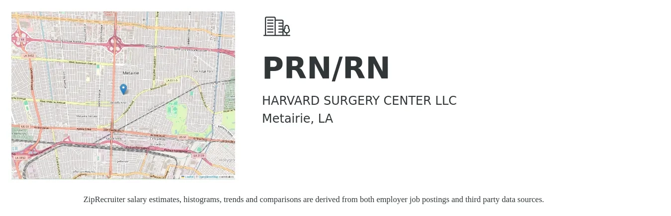 HARVARD SURGERY CENTER LLC job posting for a PRN/RN in Metairie, LA with a salary of $32 to $50 Hourly with a map of Metairie location.