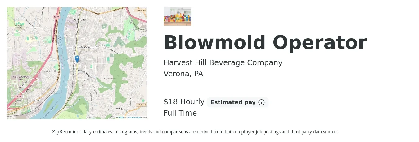 Harvest Hill Beverage Company job posting for a Blowmold Operator in Verona, PA with a salary of $20 Hourly with a map of Verona location.