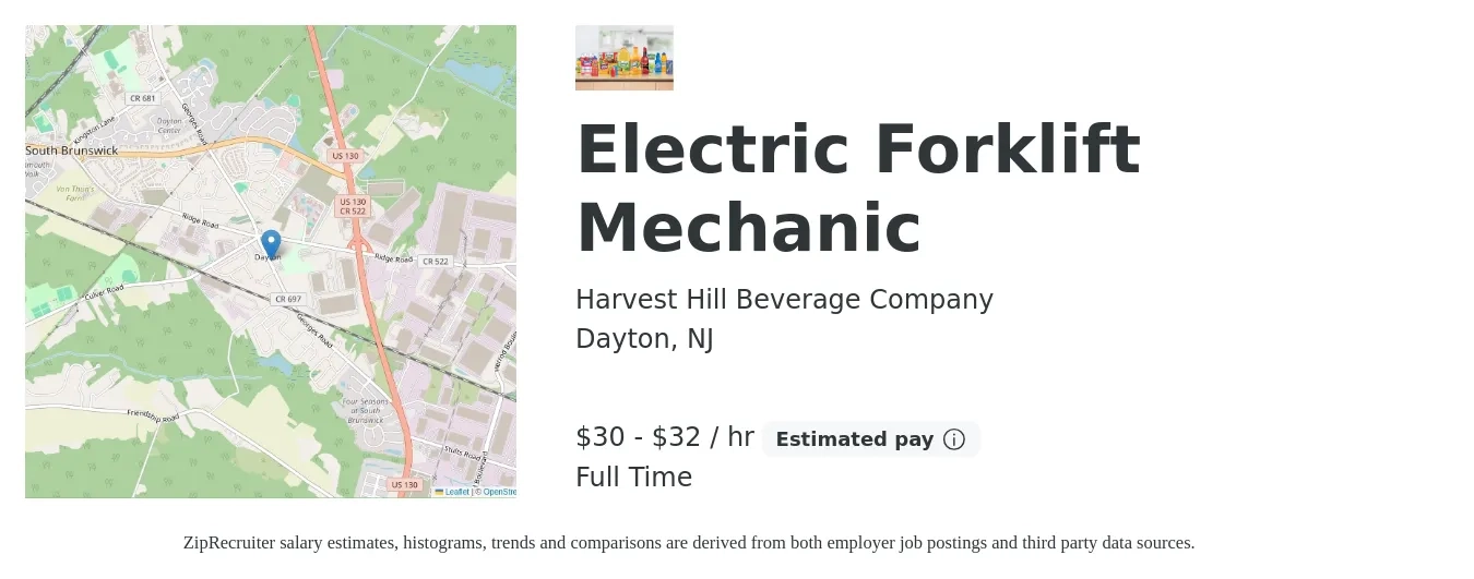 Harvest Hill Beverage Company job posting for a Electric Forklift Mechanic in Dayton, NJ with a salary of $32 to $34 Hourly with a map of Dayton location.