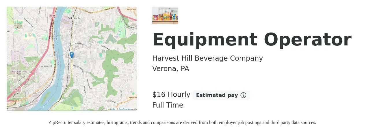 Harvest Hill Beverage Company job posting for a Equipment Operator in Verona, PA with a salary of $17 Hourly with a map of Verona location.