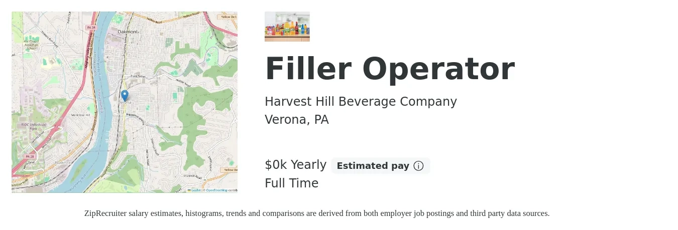 Harvest Hill Beverage Company job posting for a Filler Operator in Verona, PA with a salary of $18 Yearly with a map of Verona location.