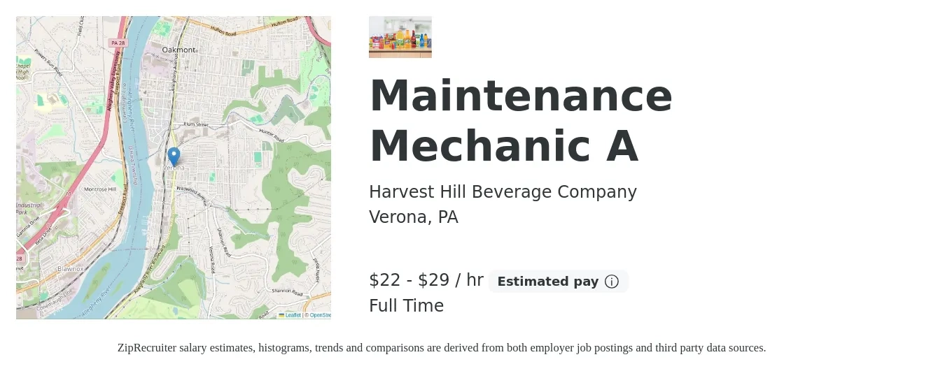 Harvest Hill Beverage Company job posting for a Maintenance Mechanic A in Verona, PA with a salary of $31 Hourly with a map of Verona location.