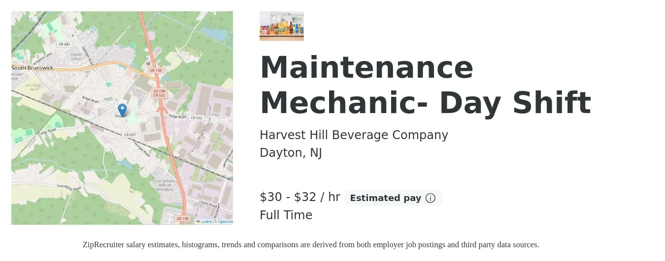 Harvest Hill Beverage Company job posting for a Maintenance Mechanic- Day Shift in Dayton, NJ with a salary of $32 to $34 Hourly with a map of Dayton location.