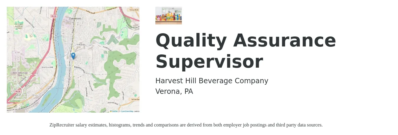 Harvest Hill Beverage Company job posting for a Quality Assurance Supervisor in Verona, PA with a salary of $50,000 to $60,000 Yearly with a map of Verona location.