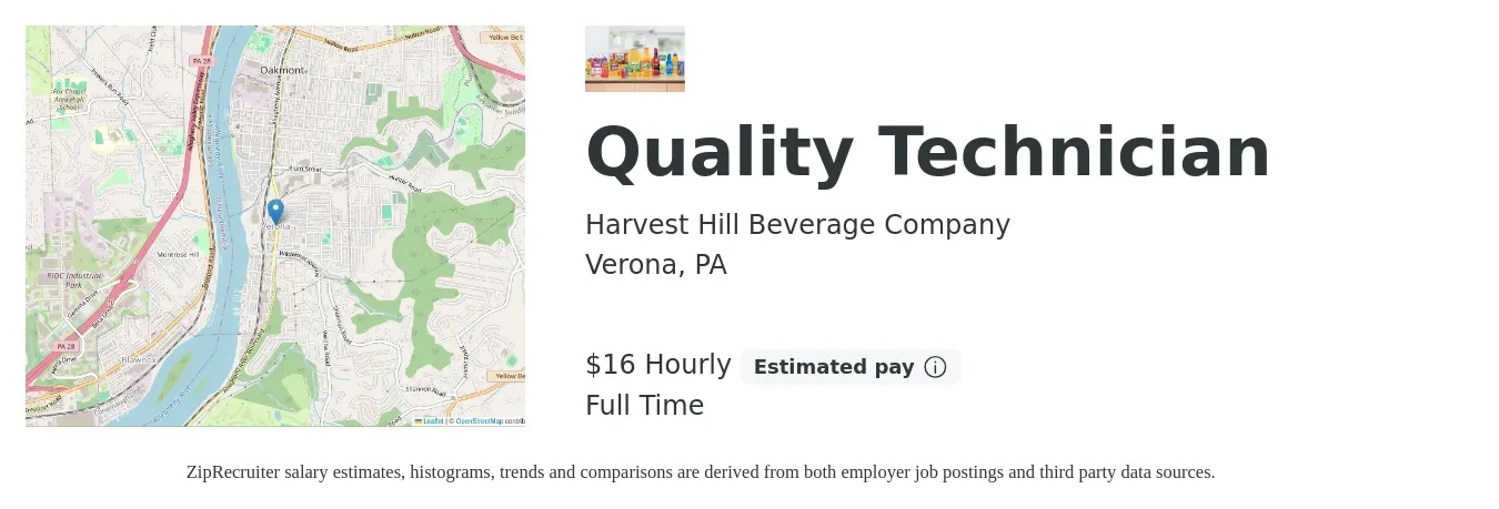 Harvest Hill Beverage Company job posting for a Quality Technician in Verona, PA with a salary of $18 Hourly with a map of Verona location.