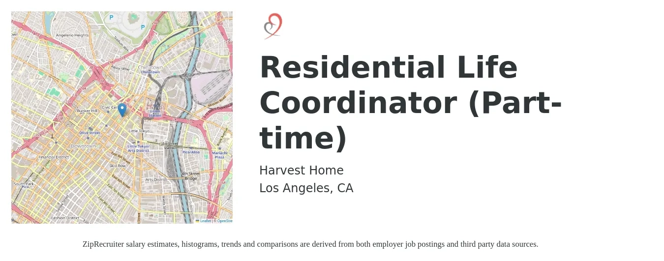Harvest Home job posting for a Residential Life Coordinator (Part-time) in Los Angeles, CA with a salary of $22 to $23 Hourly with a map of Los Angeles location.