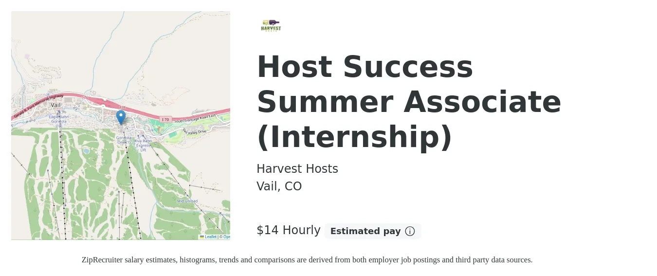 Harvest Hosts job posting for a Host Success Summer Associate (Internship) in Vail, CO with a salary of $15 Hourly with a map of Vail location.