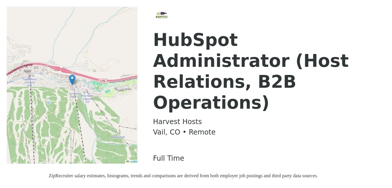 Harvest Hosts job posting for a HubSpot Administrator (Host Relations, B2B Operations) in Vail, CO with a salary of $17 to $23 Hourly with a map of Vail location.