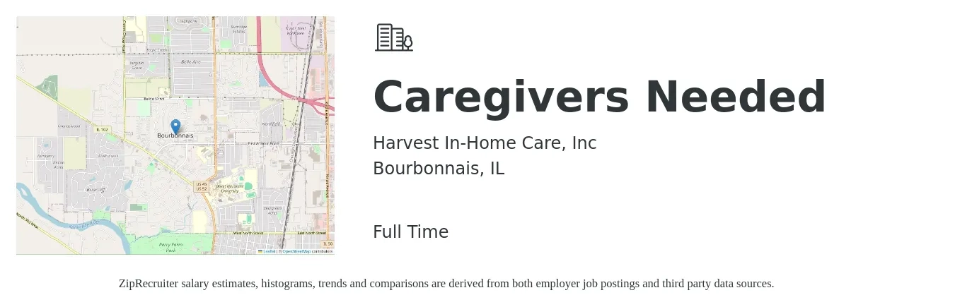 Harvest In-Home Care, Inc job posting for a Caregivers Needed in Bourbonnais, IL with a salary of $14 to $18 Hourly with a map of Bourbonnais location.